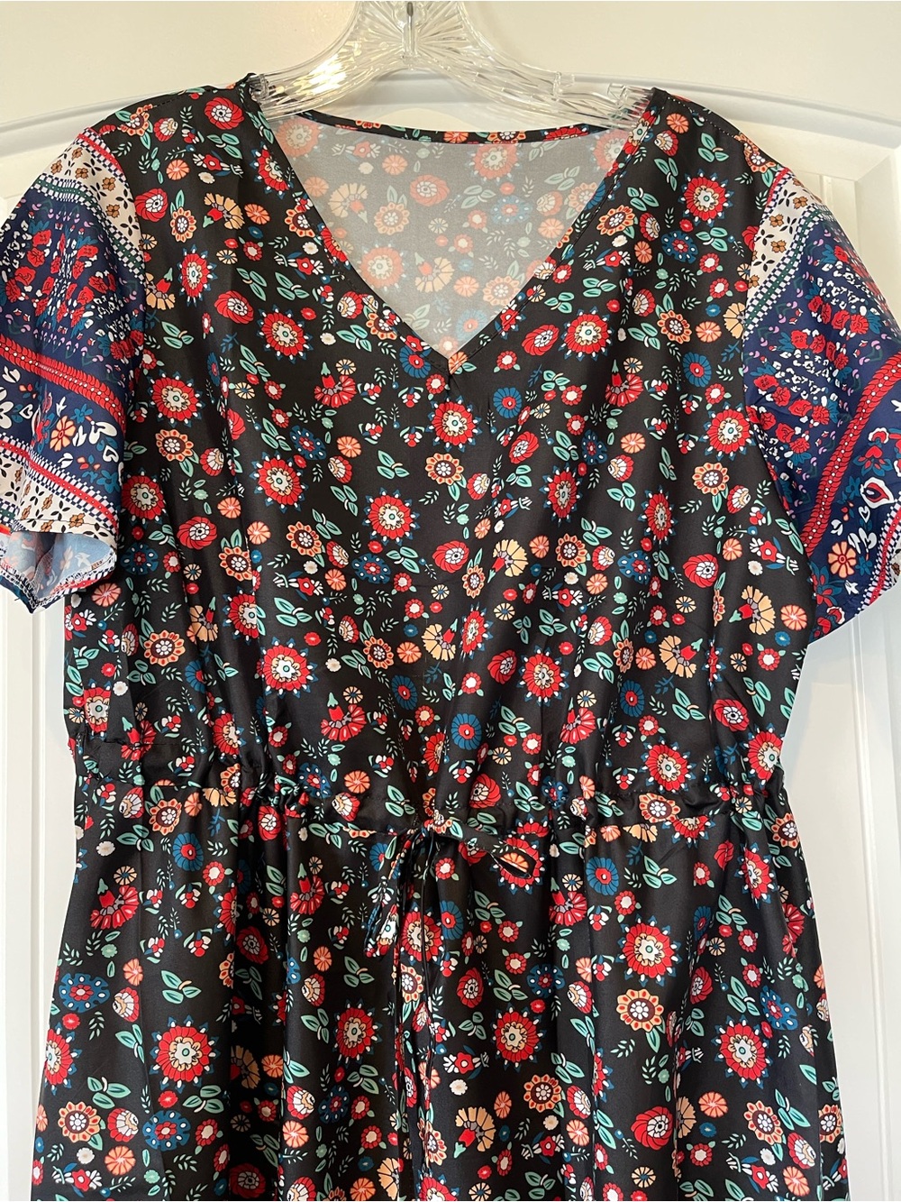 SHEIN Black Floral Maxi Dress with Red & Blue Accents